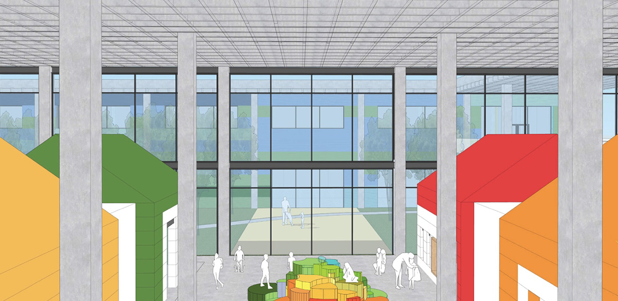 Rendering of building atrium with large glass walls.